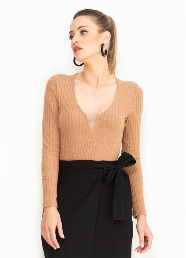 Forum - Body Canelado Manga Longa Bege