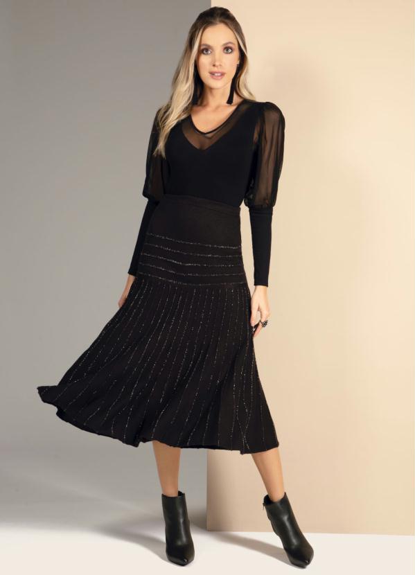 Quintess - Body Preto Decote V com Mangas Bufantes em Tule 5