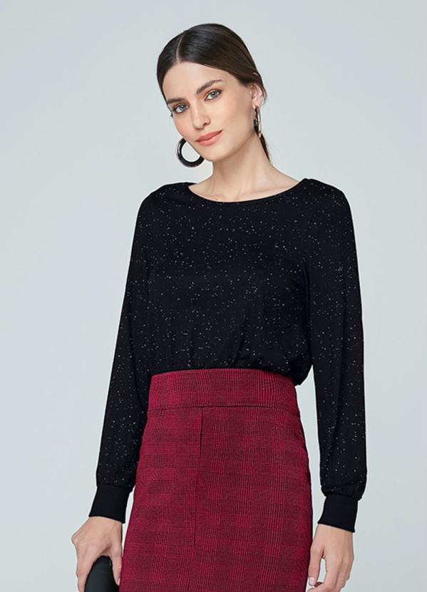 Malwee - Body Preto Manga Longa Franzido