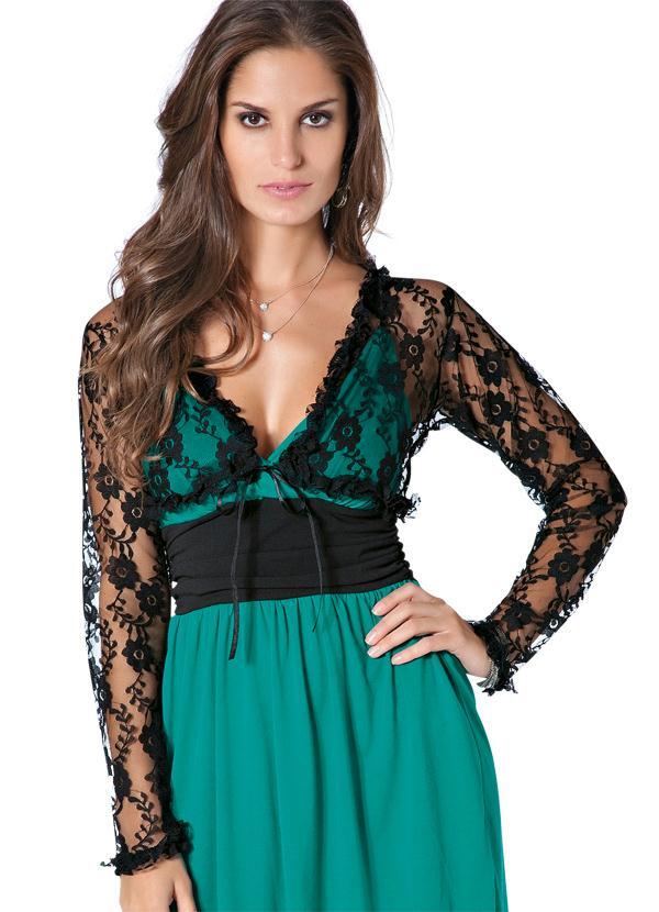 Outlet - Bolero de Renda Manga Longa Preto