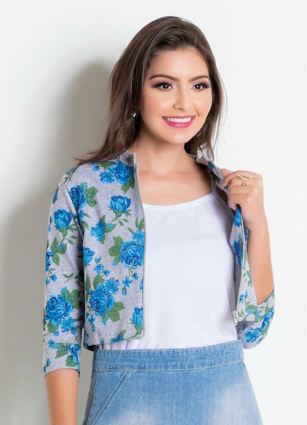 Outlet - Bolero Manga 7/8 Floral Azul Moda Evangélica