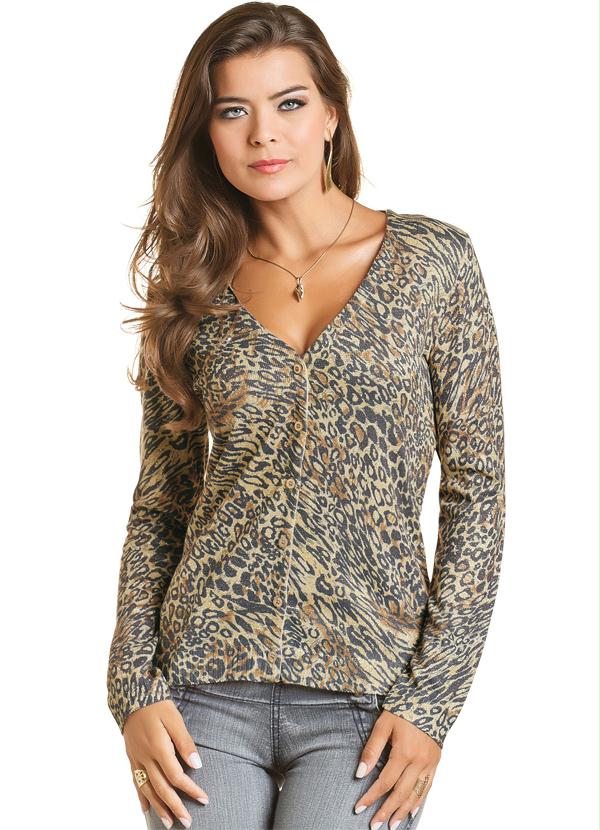 Outlet - Cardigan Feminino Estampa de Onça