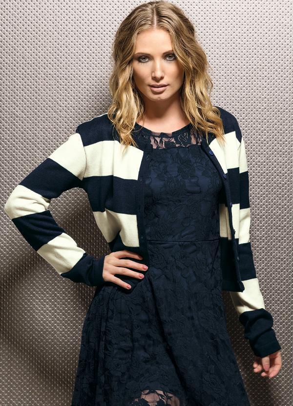 Quintess - Cardigan Listrado Off White e Marinho