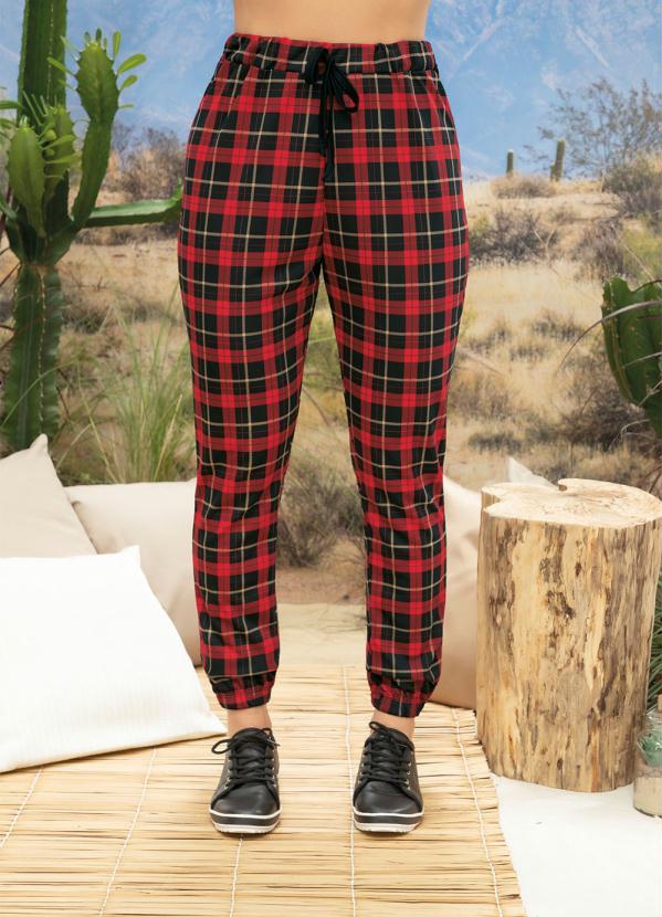 Calça Jogger Xadrez Vermelha Moda Pop