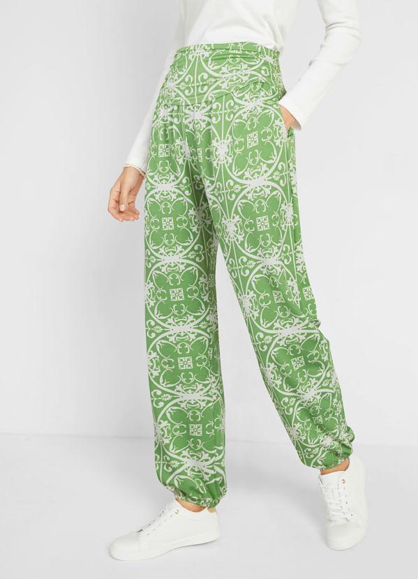 Outlet - Calça com Bolsos Cintura Alta Verde/Branco