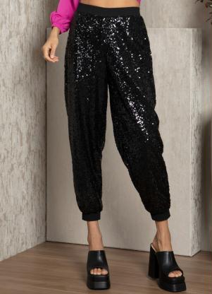 Quintess - Calça Jogger Preta em Paetê Forrada - QUINTESS