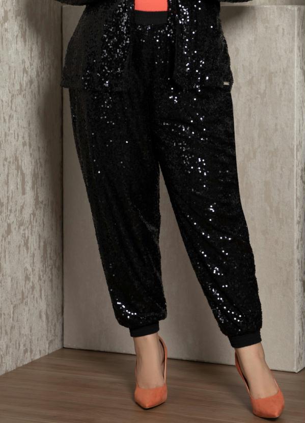 Quintess - Calça Jogger Preta em Paetê Forrada 6