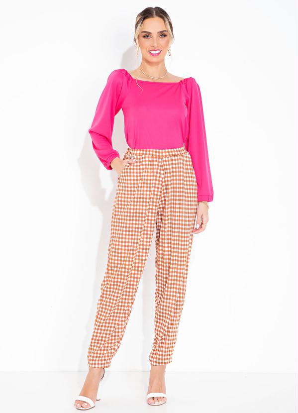 Moda Pop - Calça XadrezCom Cintura Alta e Bolsos Funcionais 3