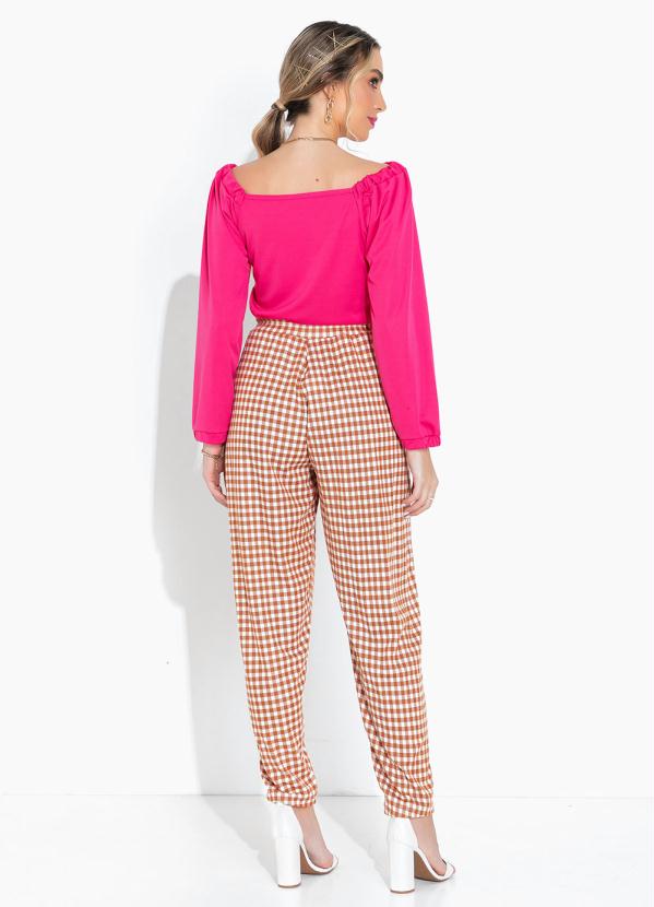 Moda Pop - Calça XadrezCom Cintura Alta e Bolsos Funcionais 4