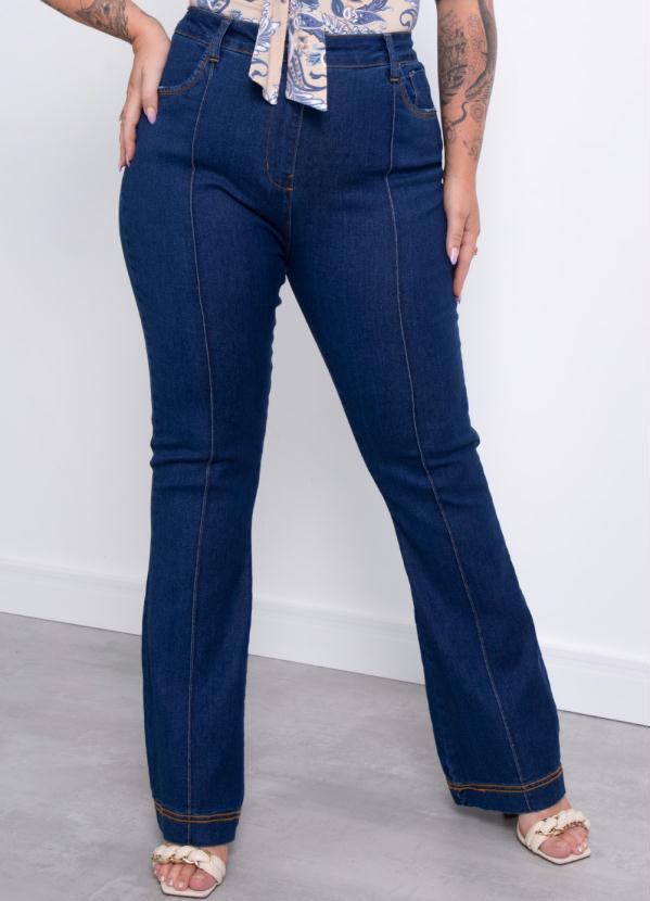 Quintess - Calça Jeans Azul Escuro Flare com Nervura 6