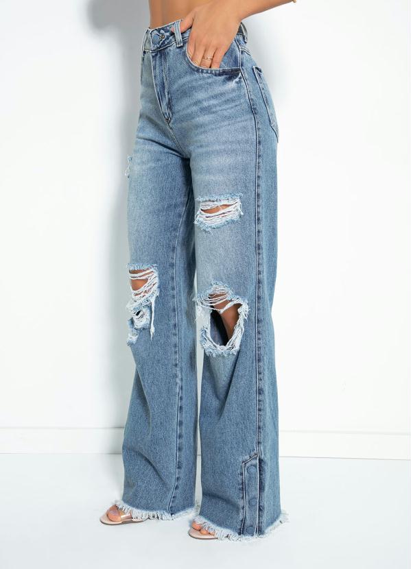 Calça Jeans Escuro Wide Leg Versão Destroyed Pantalona Plus Size