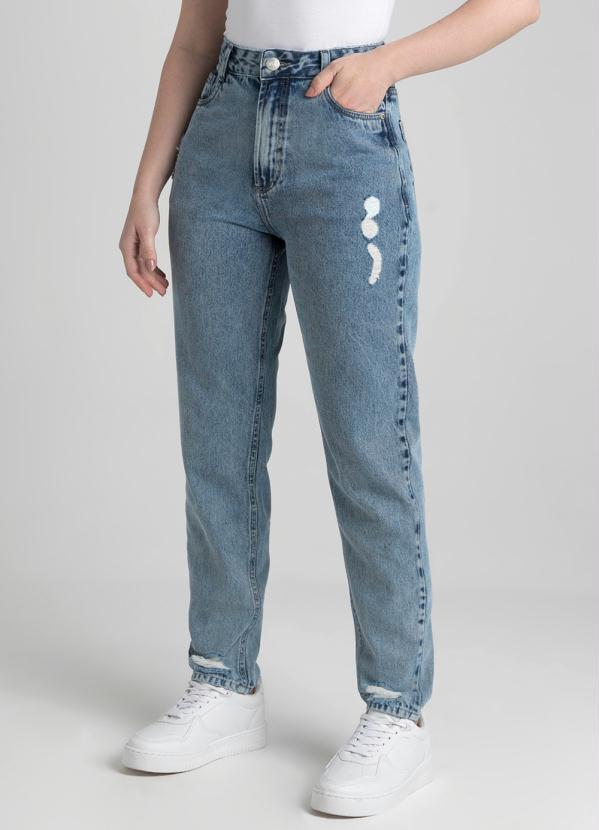 Enfim - Calça Mom Cintura Alta Puídos Azul