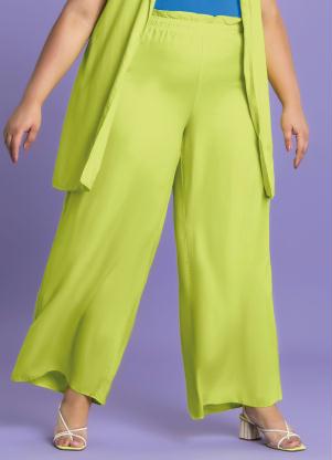 Marialícia - Calça Pantalona com Elástico Verde - MARIALÍCIA