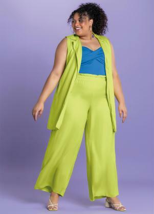 Marialícia - Calça Pantalona com Elástico Verde - MARIALÍCIA