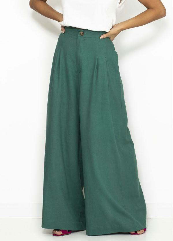 Farm - Calça Pantalona de Linho com Pregas Verde