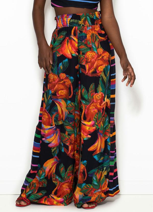 Farm - Calça Pantalona de Viscose Mico Leão Dourado Preto