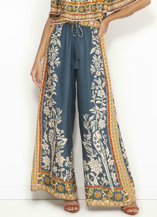 Farm - Calça Pantalona de Viscose Miudez Tropical Azul