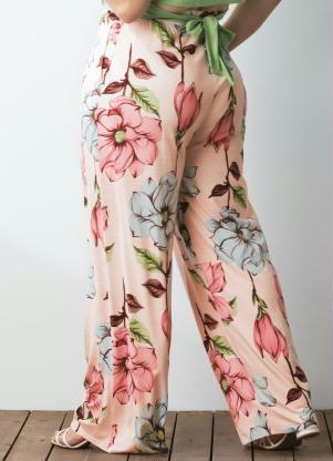 Quintess - Calça Pantalona Floral Rosa com Bolsos - QUINTESS