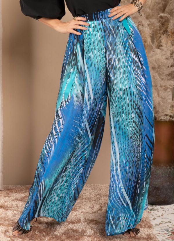 Quintess - Calça Pantalona Flúida Azul com Pregas