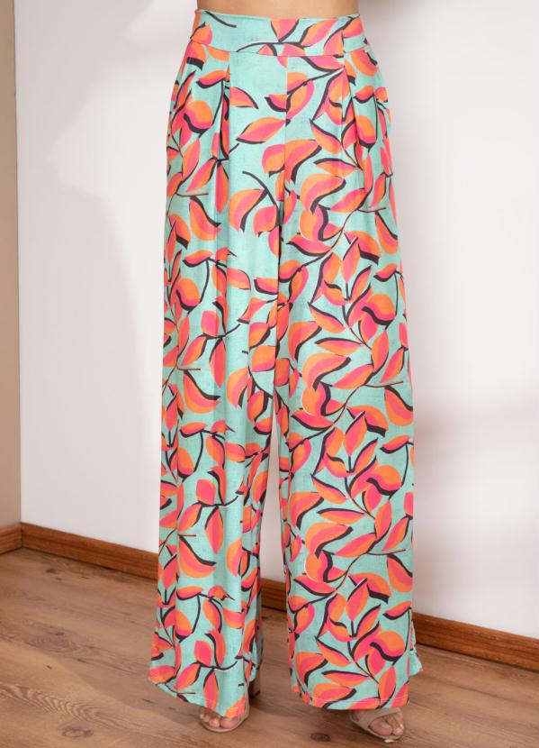 Quintess - Calça Pantalona Folhagem Verde com Bolsos
