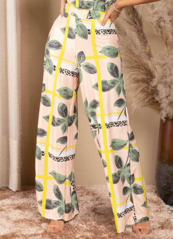 Quintess - Calça Pantalona Geométrico Onça Cintura Alta