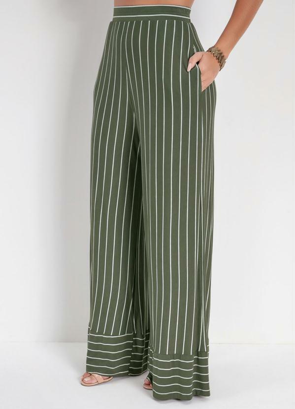 Miss Masy - Calça Pantalona Listrada Verde com Elástico