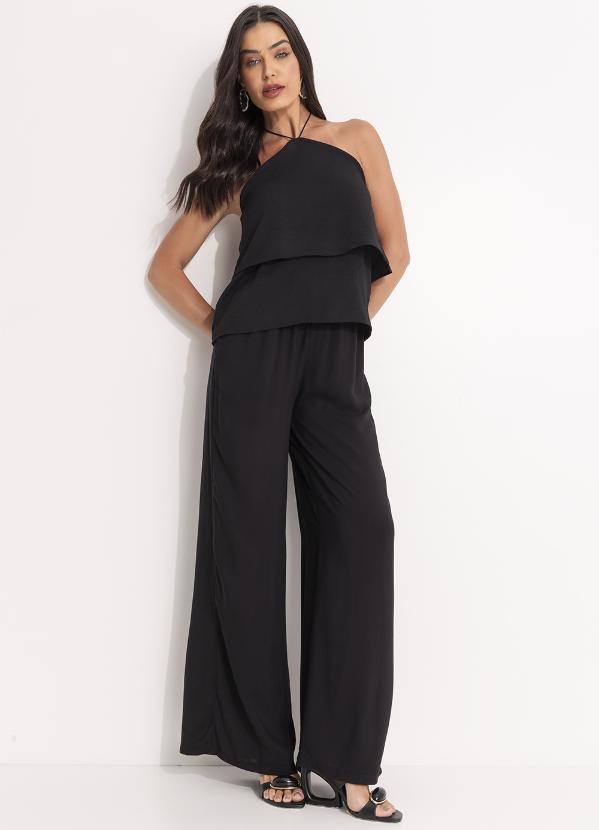 Quintess - Calça Pantalona Preta Clochard com Faixa 11