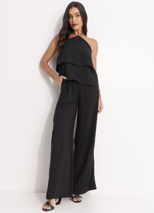 Quintess - Calça Pantalona Preta Clochard com Faixa 12