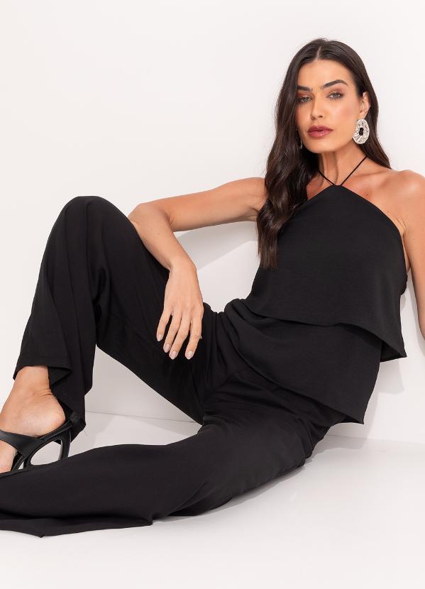 Quintess - Calça Pantalona Preta Clochard com Faixa 13