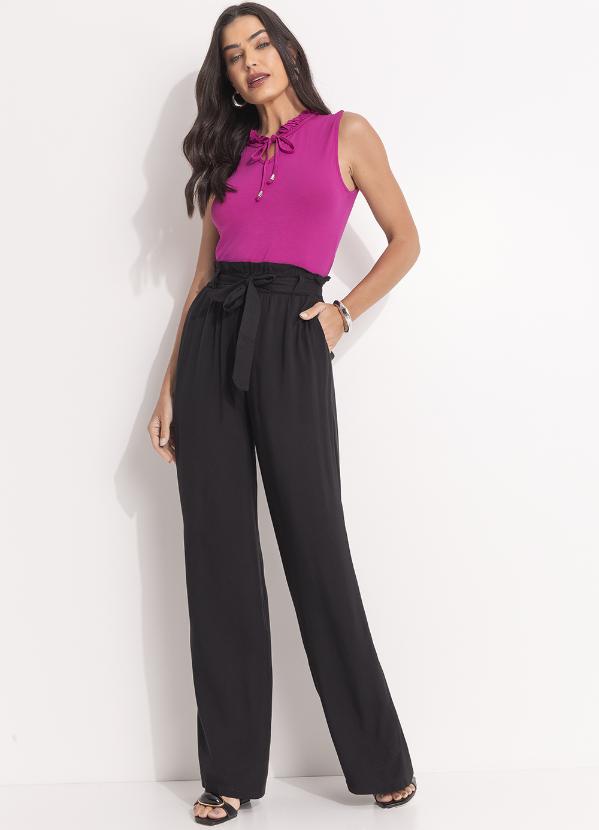 Quintess - Calça Pantalona Preta Clochard com Faixa 3