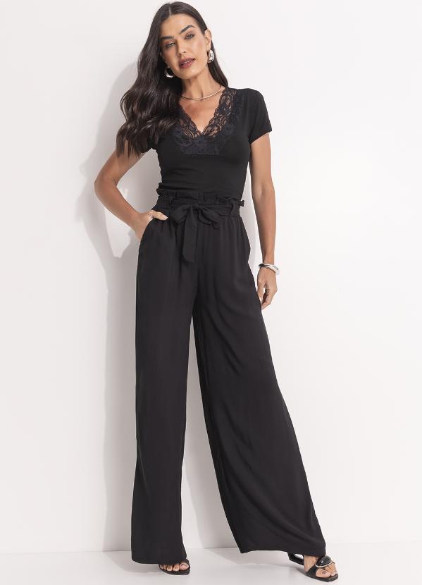 Quintess - Calça Pantalona Preta Clochard com Faixa 7