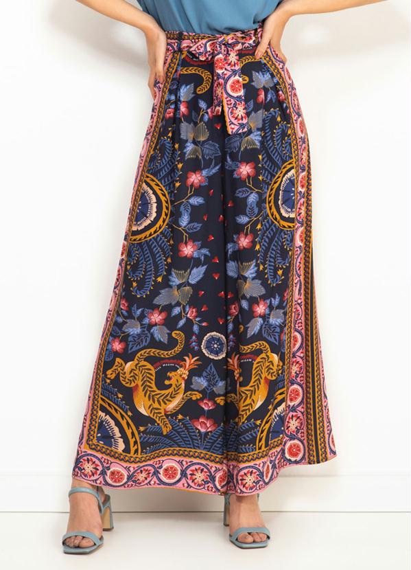 Farm - Calça Pantalona Selva das Onças de Viscose Azul