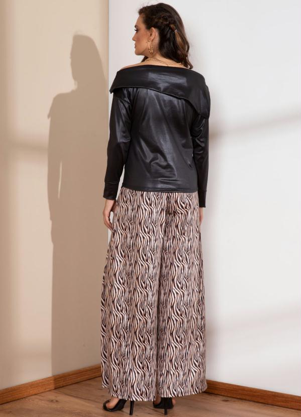 Quintess - Calça Pantalona Tigre Bege com Pregas e Bolsos 4