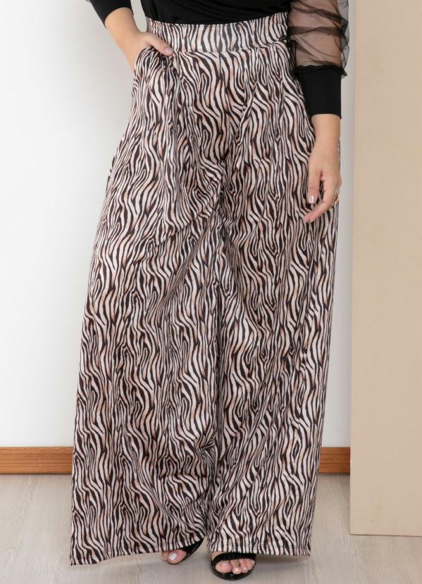 Quintess - Calça Pantalona Tigre Bege com Pregas e Bolsos 7