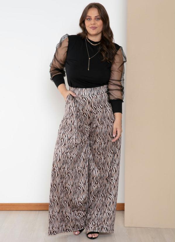 Quintess - Calça Pantalona Tigre Bege com Pregas e Bolsos 9