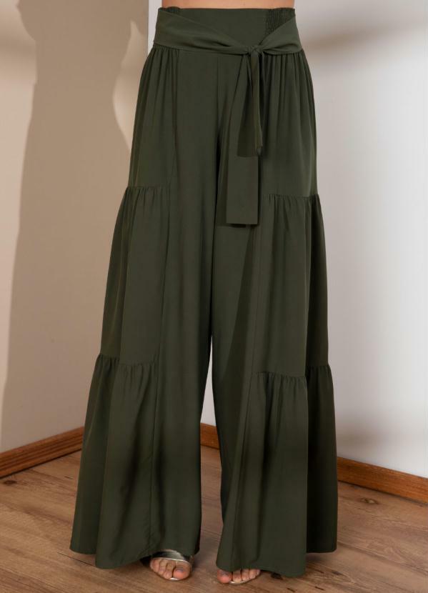 Quintess - Calça Pantalona Verde Cintura Alta com Franzidos