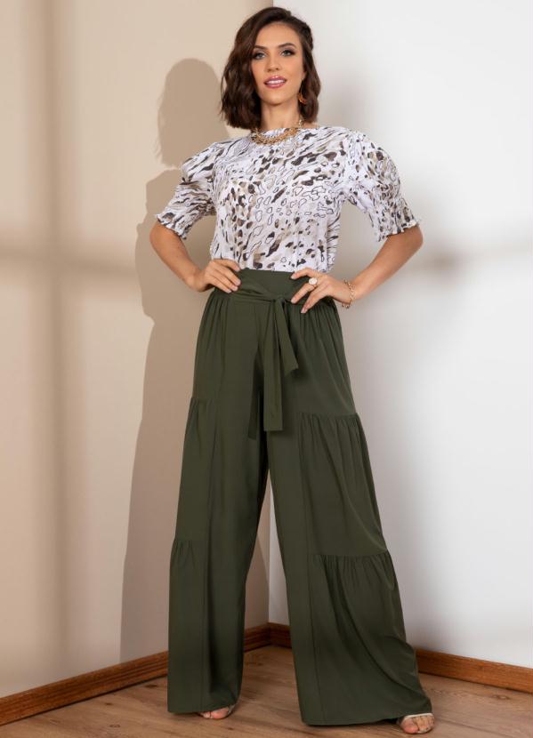 Quintess - Calça Pantalona Verde Cintura Alta com Franzidos 3