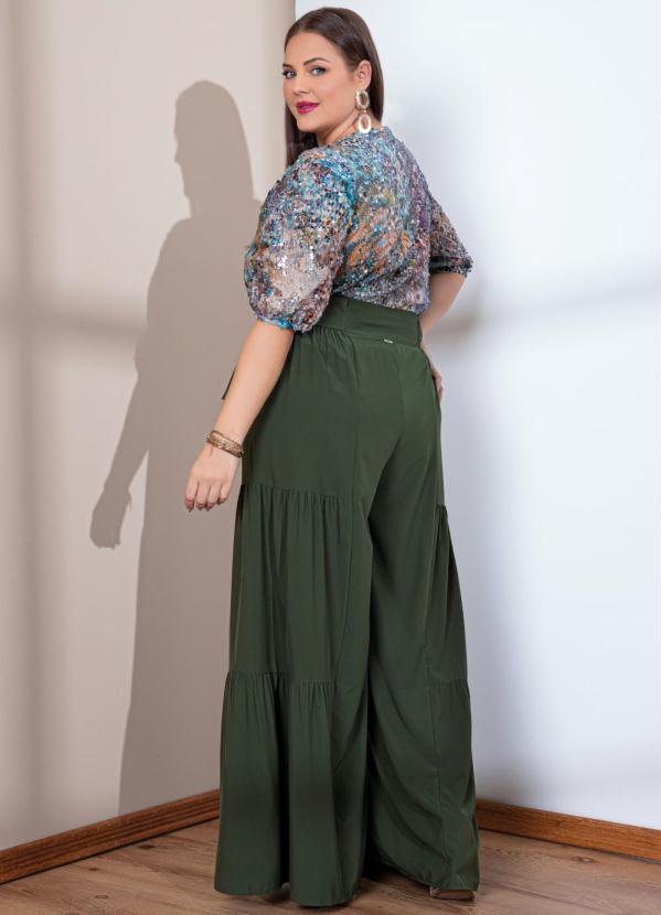 Quintess - Calça Pantalona Verde Cintura Alta com Franzidos 8