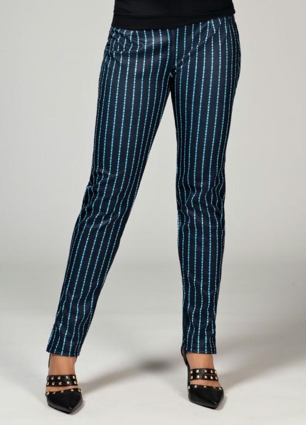 Quintess - Calça Listra Azul com Zíper e Fenda na Barra