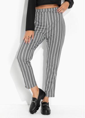 Moda Pop - Calça Reta Listras Cinza com Elástico no Cós - MODA POP