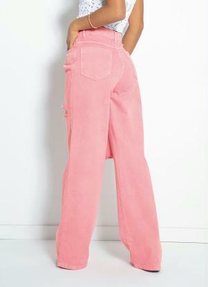 Sawary Jeans - Calça Rosa Wide Leg com Destroyed Sawary - SAWARY JEANS