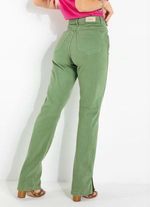 Sawary Jeans - Calça Verde Reta Sawary com Bolsos e Fendas - SAWARY JEANS