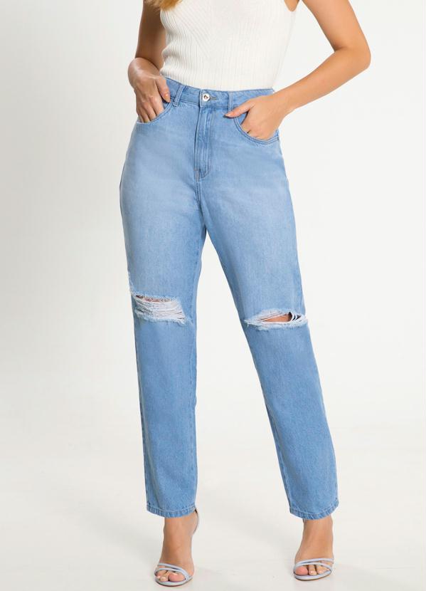 Lunender - Calça Jeans Mommy com Destroyed Joelhos Azul 1