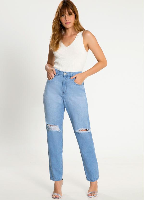 Lunender - Calça Jeans Mommy com Destroyed Joelhos Azul 3