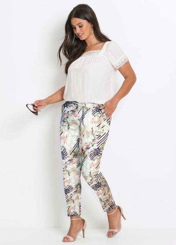 bonprix - Calça Social Alfaiataria Floral Branca 8