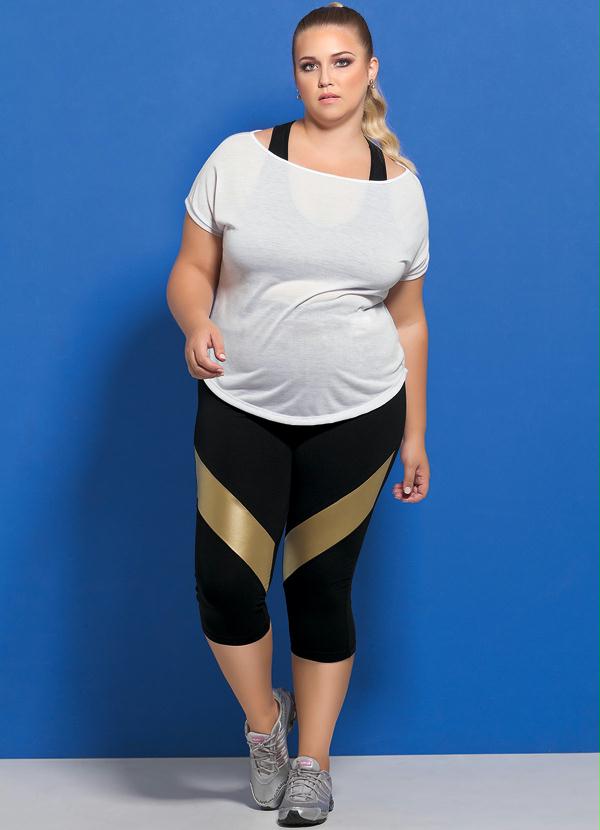Quintess - Calça Corsário Fitness Preto e Dourado Plus Size 3