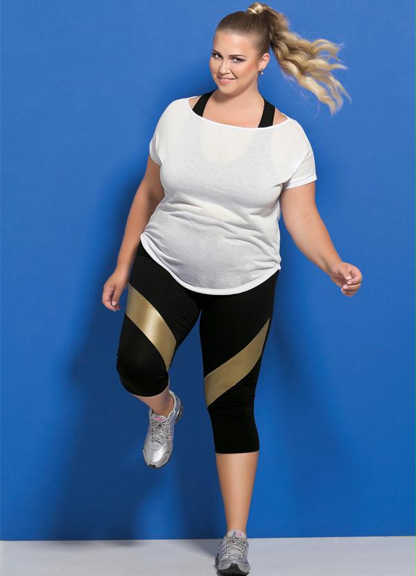 Quintess - Calça Corsário Fitness Preto e Dourado Plus Size 4