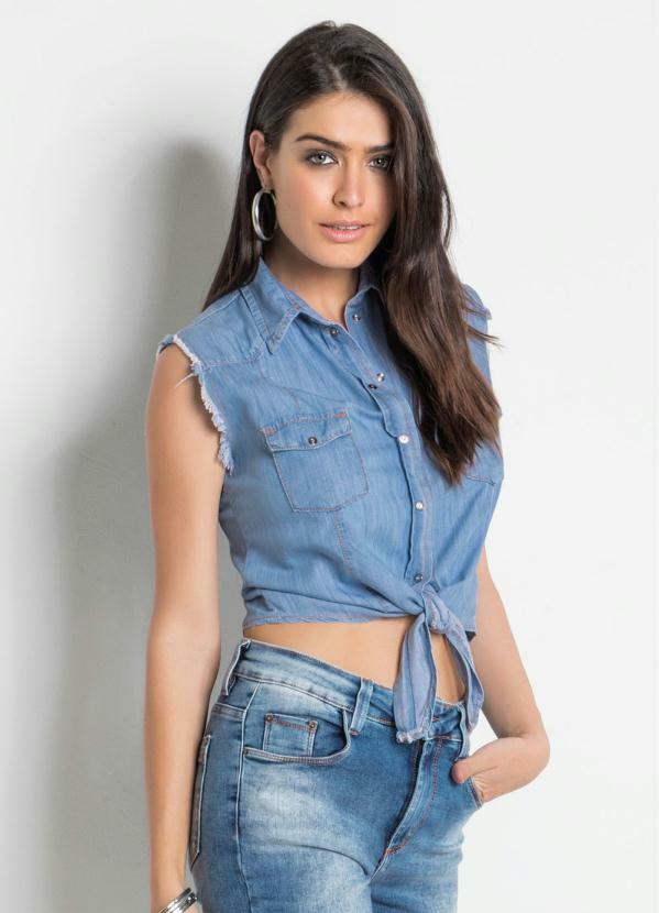 Sawary Jeans - Camisa Jeans Sawary Cropped sem Mangas Azul