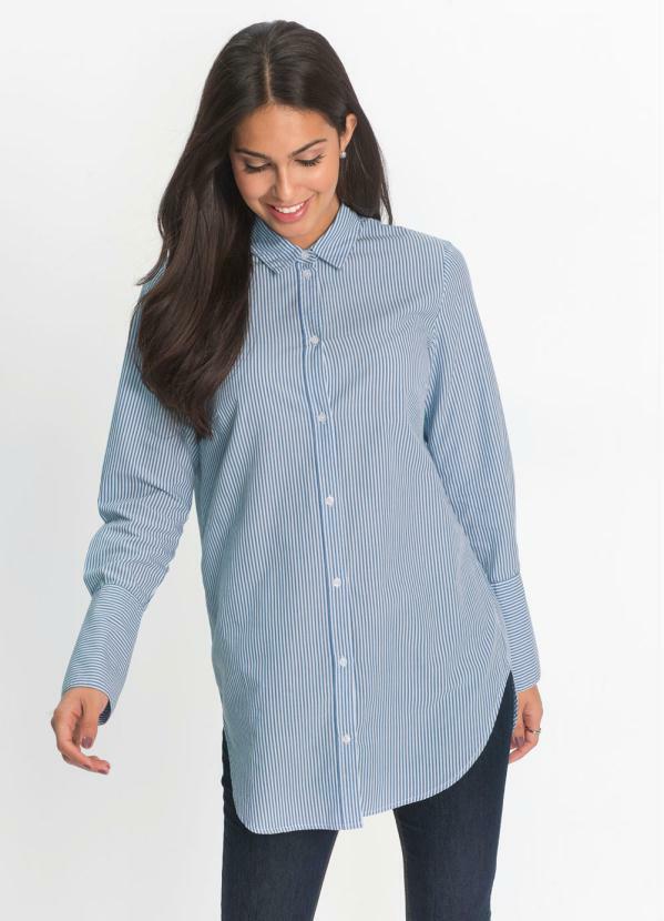 bonprix - Camisa Alongada Listrada Azul