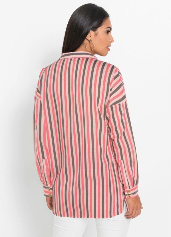 bonprix - Camisa Ampla com Bolsos Listrada Rosa 2